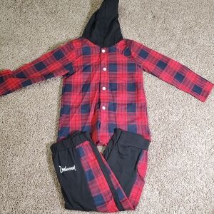 Little Man Red Plaid Long Sleeve Hooded Button Down Pant Shirt Set Boys 5T